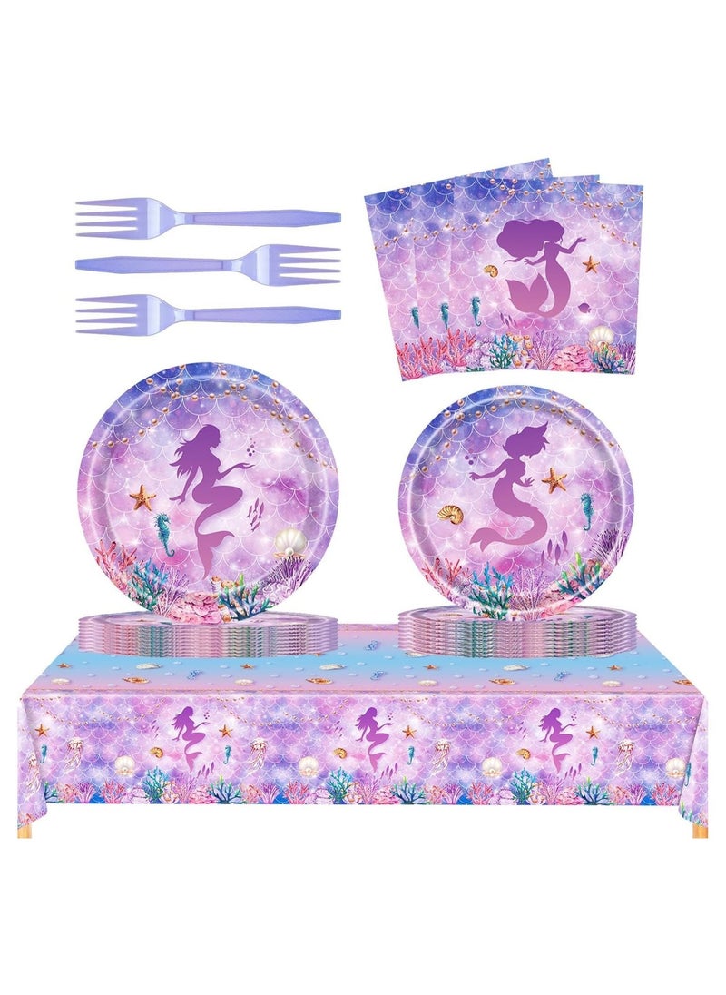 Mermaid Birthday Decorations Party Tableware Set, 69 Pcs Mermaid Themed Party Supplies Party Plates Napkins Forks for 16 Guests Kids Little Mermaid Party Decorations Baby Shower Supplies