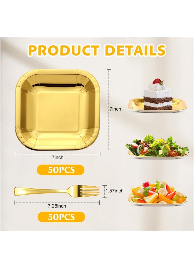 Disposable Party Dinnerware Set, 7 in Square Disposable Gold Paper Plates with 7.28 in Gold Plastic Forks, Heavy Duty Paper Plates, Gold Dinnerware Set for Party Supplies Wedding (100 Pcs)