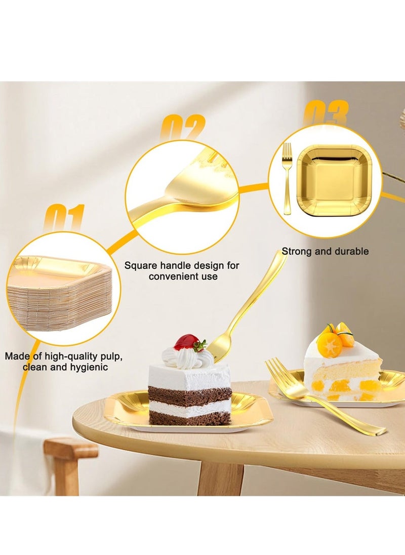 Disposable Party Dinnerware Set, 7 in Square Disposable Gold Paper Plates with 7.28 in Gold Plastic Forks, Heavy Duty Paper Plates, Gold Dinnerware Set for Party Supplies Wedding (100 Pcs)