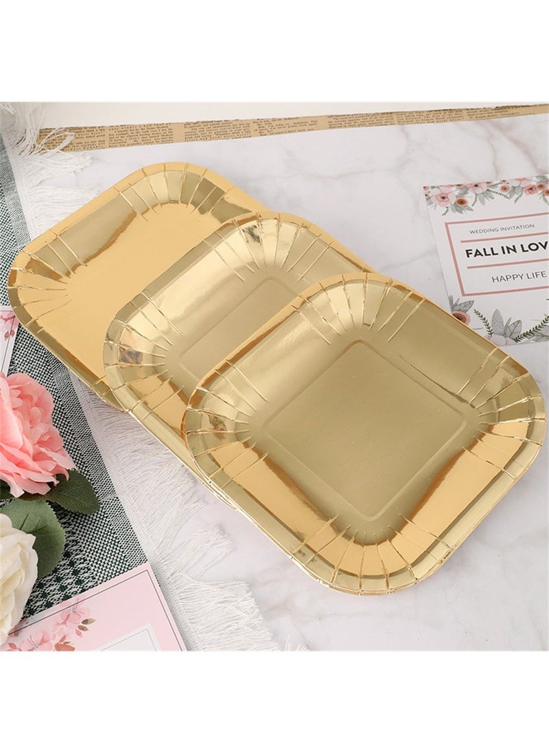 Disposable Party Dinnerware Set, 7 in Square Disposable Gold Paper Plates with 7.28 in Gold Plastic Forks, Heavy Duty Paper Plates, Gold Dinnerware Set for Party Supplies Wedding (100 Pcs)