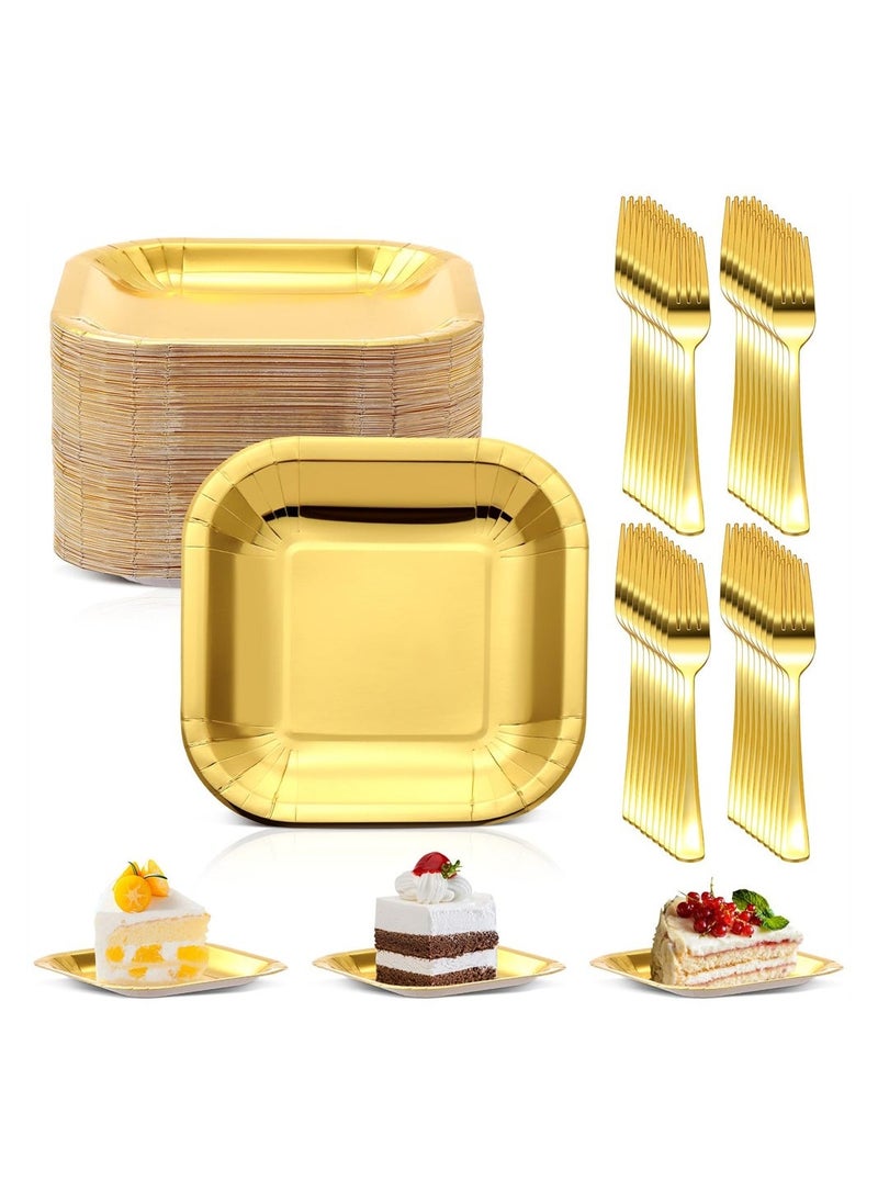 Disposable Party Dinnerware Set, 7 in Square Disposable Gold Paper Plates with 7.28 in Gold Plastic Forks, Heavy Duty Paper Plates, Gold Dinnerware Set for Party Supplies Wedding (100 Pcs)