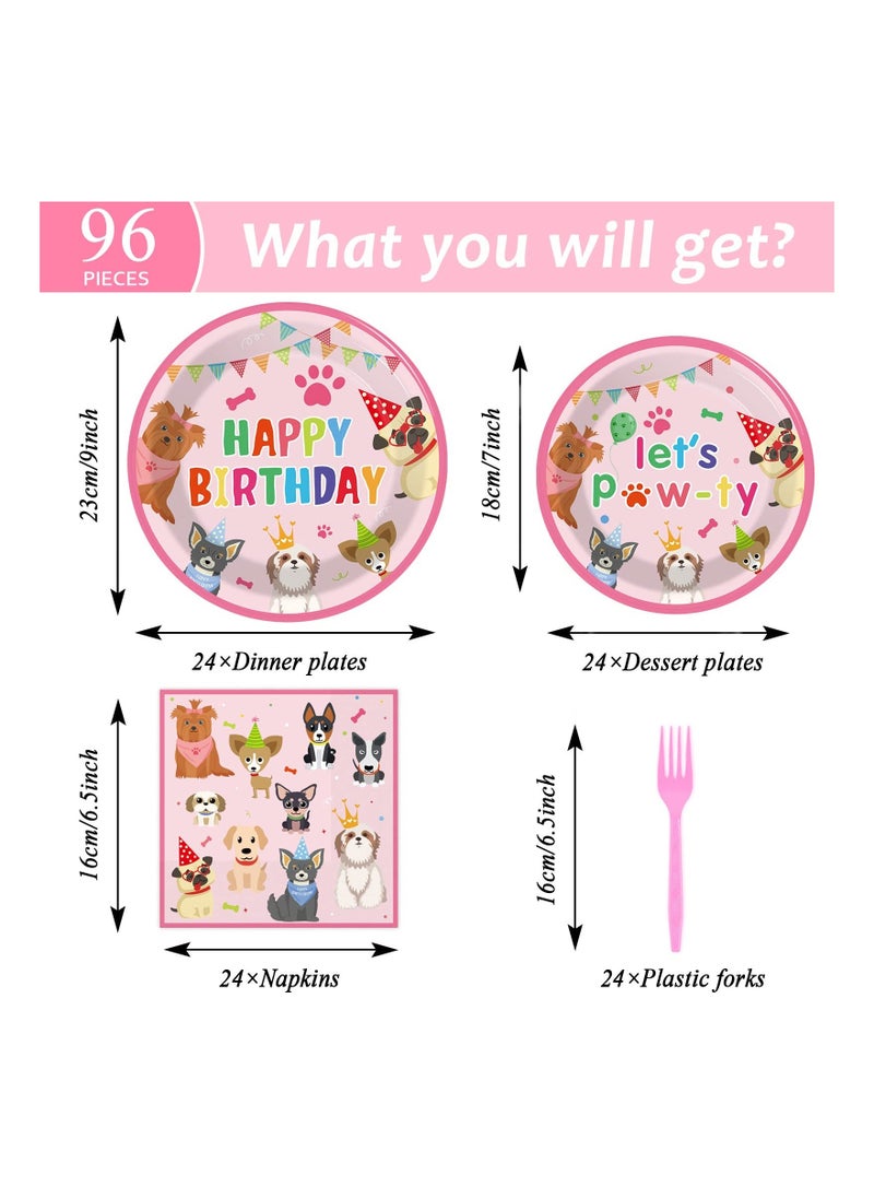 96 Pcs Dog Themed Birthday Party Decorations Puppy Party Tableware for Girls Lets Pawty Party Dessert Plates Napkins Forks for 24 Guests Birthday Party Favors