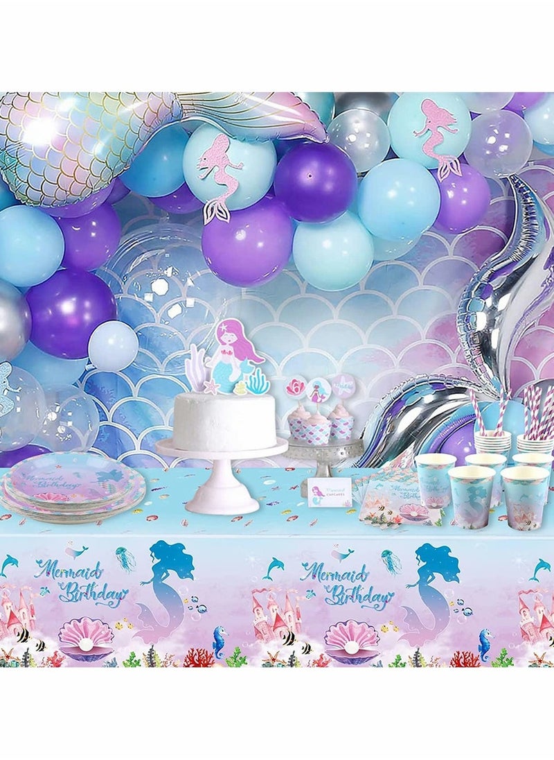 Mermaid Party Table Cloth, Plastic Table Cover, Rectangular PVC Tablecloth for Kids Girls Birthday Mermaid Party Supplies Decorations, Ocean Sea Party Decor Favors (3 Pack, 51 x 86.6 Inch)