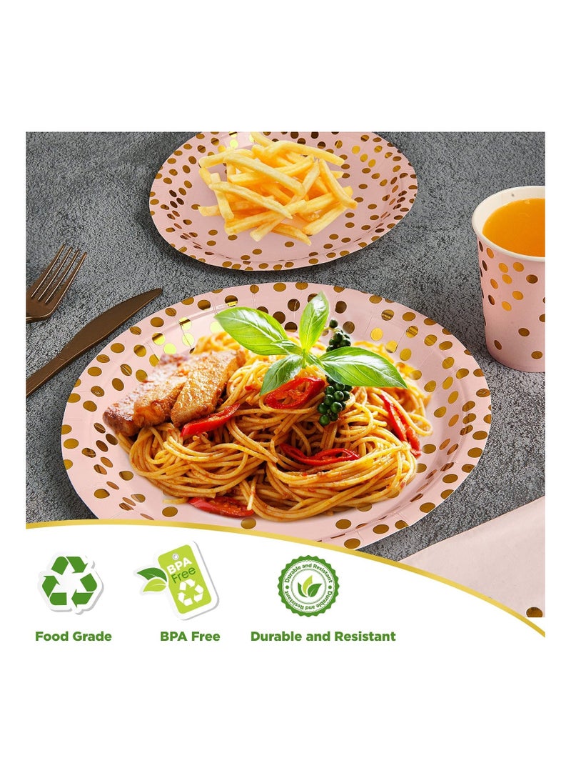 Disposable Paper Dinnerware Serves 25, 200 Pcs Pastel Paper Plates Napkins Cups Gold Plastic Silverware Sets for Wedding Birthday Baby Shower Holiday Parties