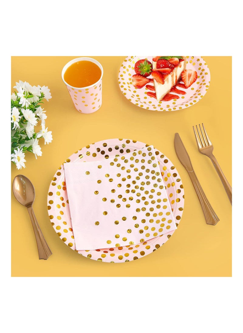 Disposable Paper Dinnerware Serves 25, 200 Pcs Pastel Paper Plates Napkins Cups Gold Plastic Silverware Sets for Wedding Birthday Baby Shower Holiday Parties