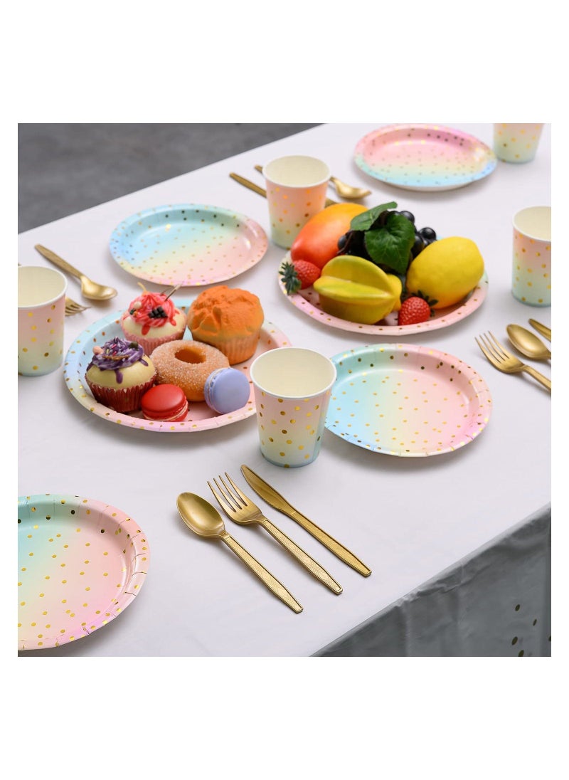 Disposable Paper Dinnerware Serves 25, 200 Pcs Pastel Paper Plates Napkins Cups Gold Plastic Silverware Sets for Wedding Birthday Baby Shower Holiday Parties