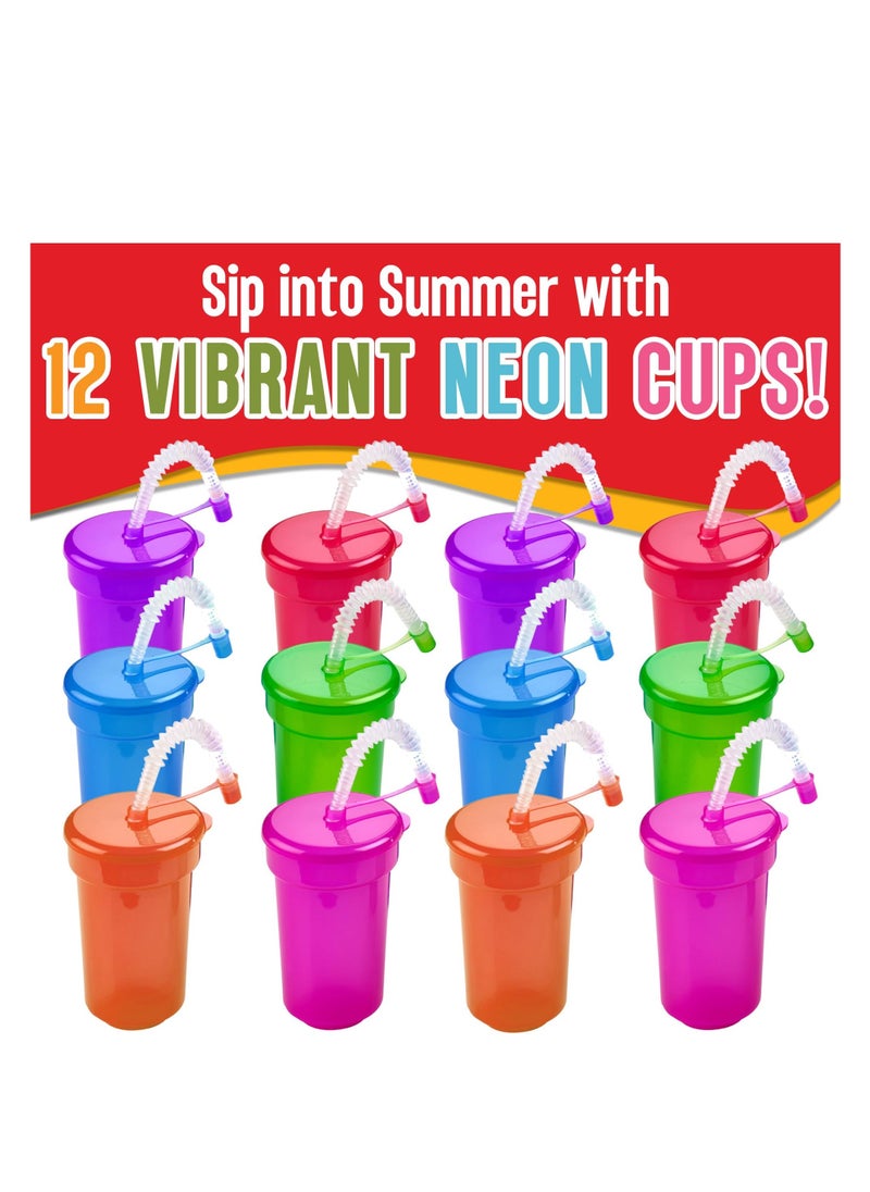 Neon Sipper Cups - 6 Oz. - Colorful, Spill-Proof Cups with Lids and Straws Reusable Straw Cups- Ideal for School Events, Themed Parties, and Birthday Celebrations - Party Supplies | 6 Colors 12 Pack