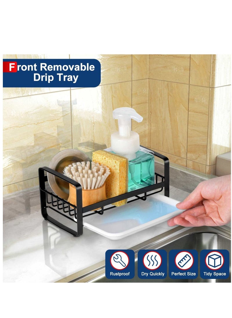 Kitchen Sink Sponge Holder, 304 Stainless Steel Sink Caddy Organizer with Removable Drip Tray, Kitchen Countertop Dish Soap Holder, not Including Dispenser and Brush, Black