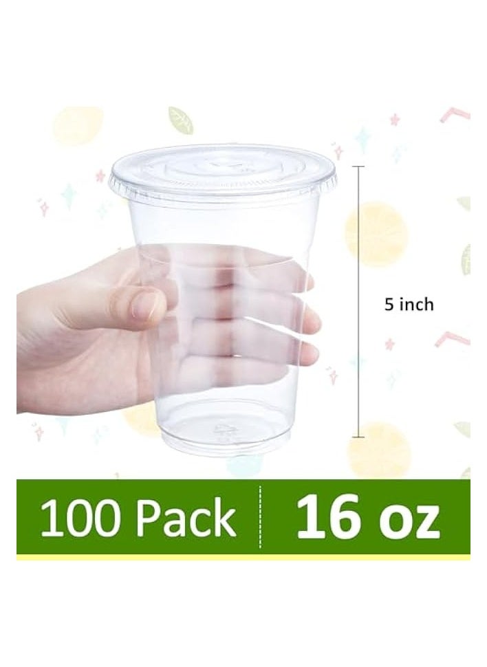 16 oz Clear Plastic Cups with Lids 100 Sets Disposable Plastic Cups with Flat Lids To Go, Cold Drink Cups, Smoothie Cups, Disposable Ice Coffee Cups