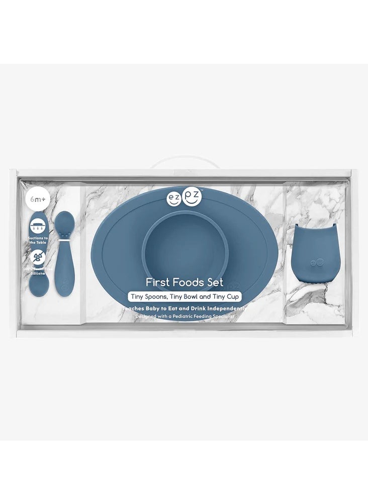 Ezpz Tiny Collection Set Sage 100% Silicone Cup, Spoon & Bowl With Built In Placemat For First Foods, Baby Led Weaning, Purees Designed By A Pediatric Feeding Specialist 6 Months above, Green (Indigo)