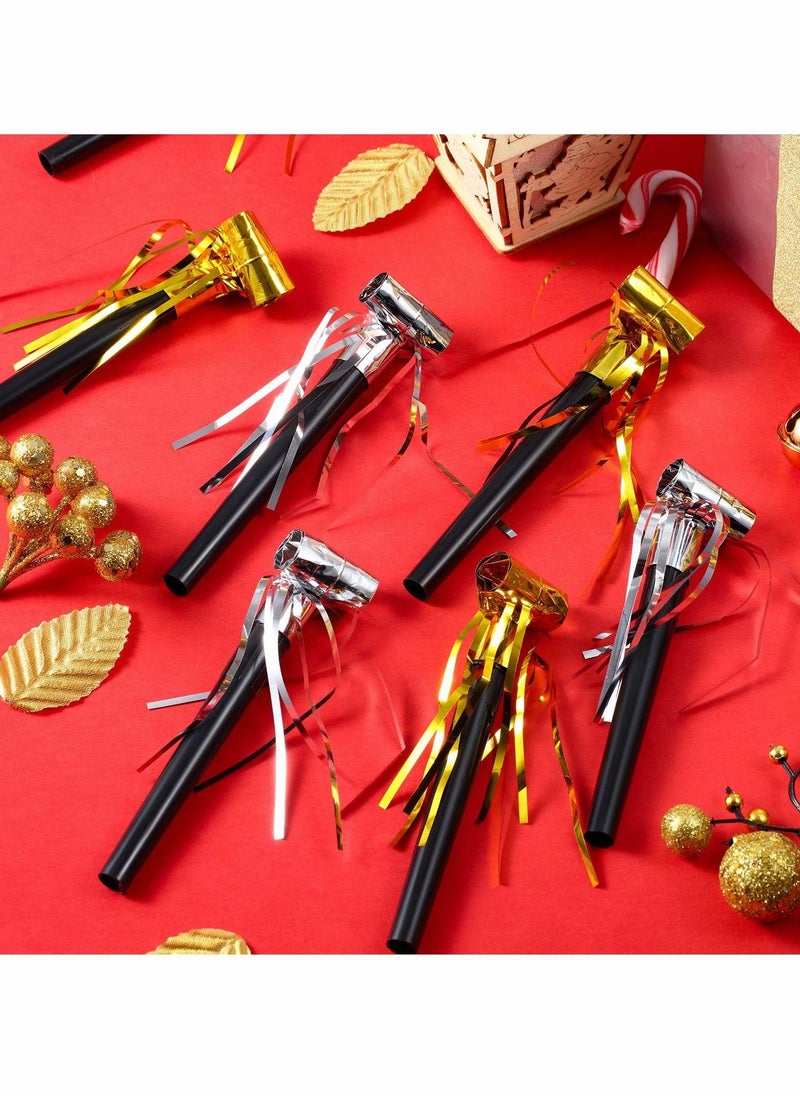 40 Pieces Party Noisemakers, Whistles Fringed Noise Maker in Gold and Silver Musical Blowouts for New Year Party Birthday Baby Shower Party Supplies