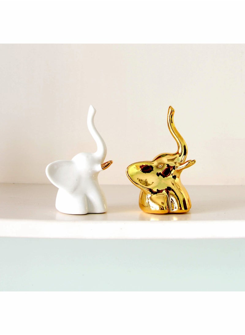 Home Decor Elephant Statues,1 Pair, Small Decorative Accents for Shelves, Livingroom and Bedroom, Gold and White