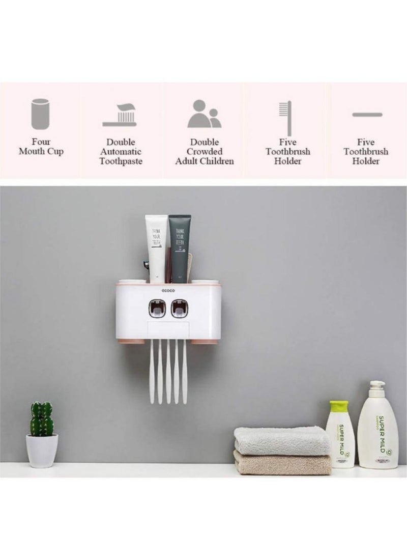 Wall Mounted Toothbrush Holder and Toothpaste Dispenser Adhesive Automatic Dispenser Space Saving Toothbrush Organizer With Cups Holder Organizer 4 Toothbrushes (No Drill Need)