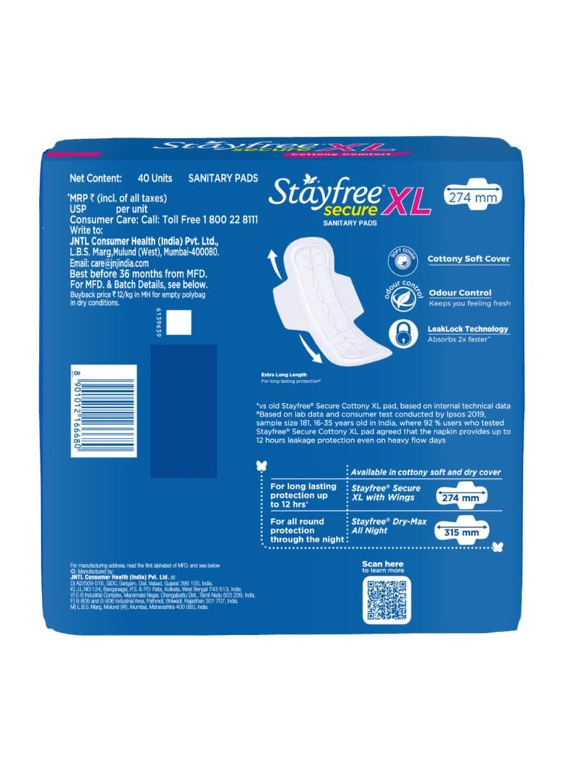 Stayfree Secure xl | 40 Pads | Cottony Soft Sanitary Pads for Women | With leakLock Technology | Odour Control | Absorbs upto 100% fluid | Up to 12 Hours of Protection |