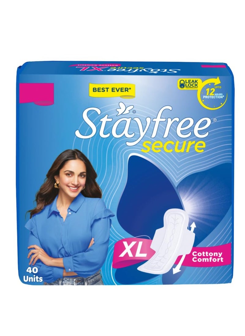 Stayfree Secure xl | 40 Pads | Cottony Soft Sanitary Pads for Women | With leakLock Technology | Odour Control | Absorbs upto 100% fluid | Up to 12 Hours of Protection |