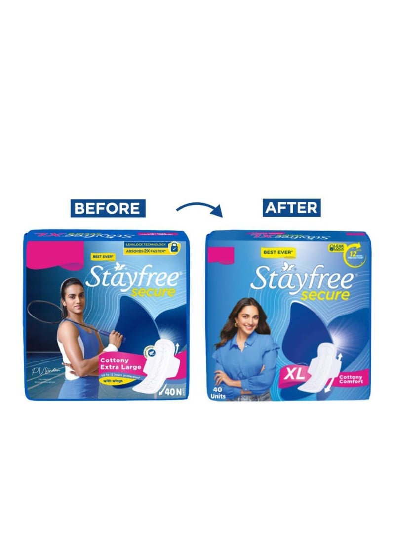 Stayfree Secure xl | 40 Pads | Cottony Soft Sanitary Pads for Women | With leakLock Technology | Odour Control | Absorbs upto 100% fluid | Up to 12 Hours of Protection |