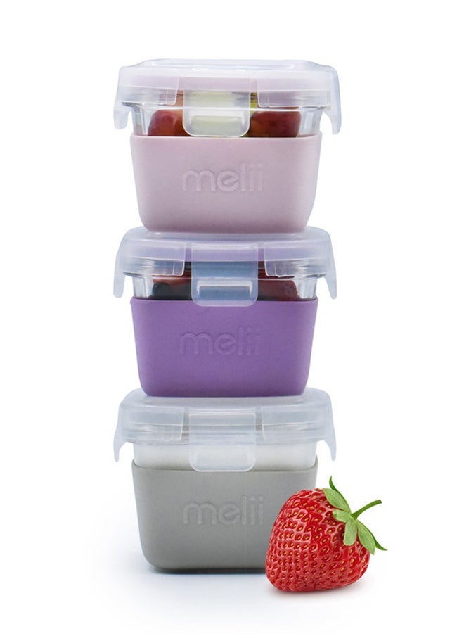 Pack Of 3 Glass Food Storage Containers With Silicone Sleeve 160Ml - Pink, Purple, Grey