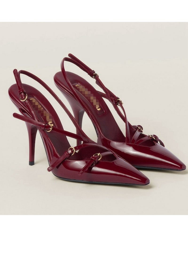 Women's Closed Square Toe High Heels With Adjustable Ankle Strap Stiletto Pumps Wine Red 7 CM