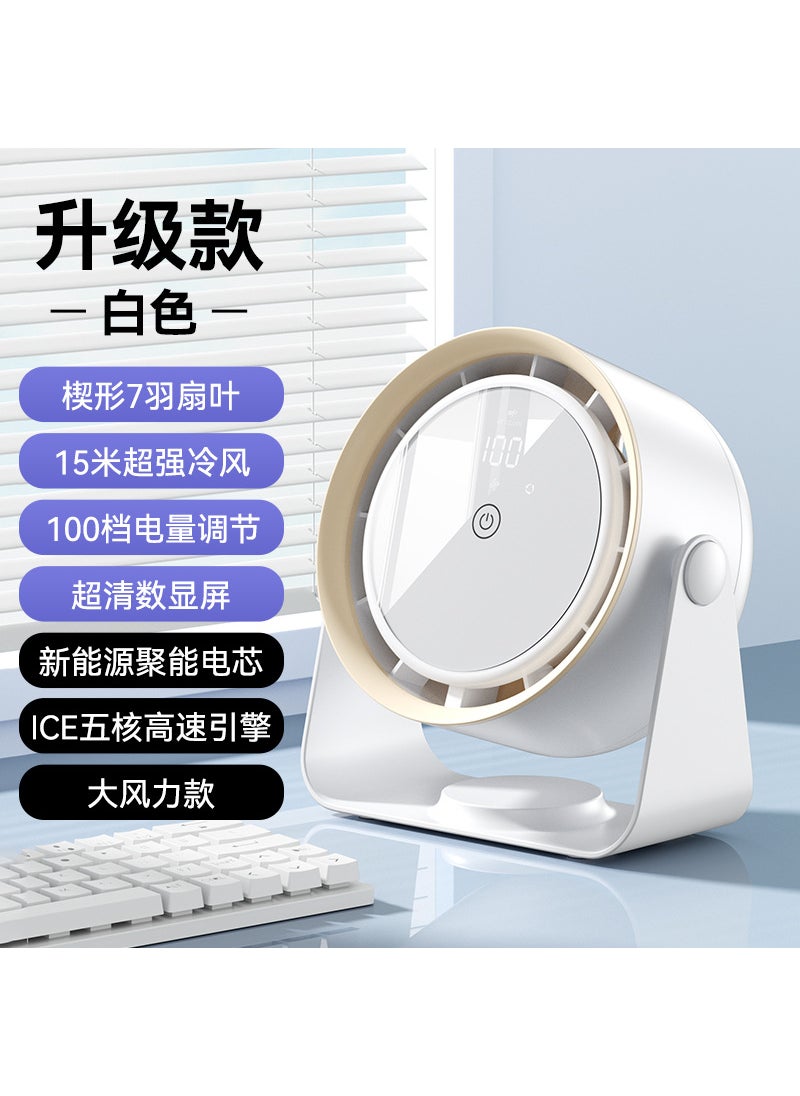 Compact USB Air Circulator Fan with Digital Display Rechargeable (3600 mA)-White