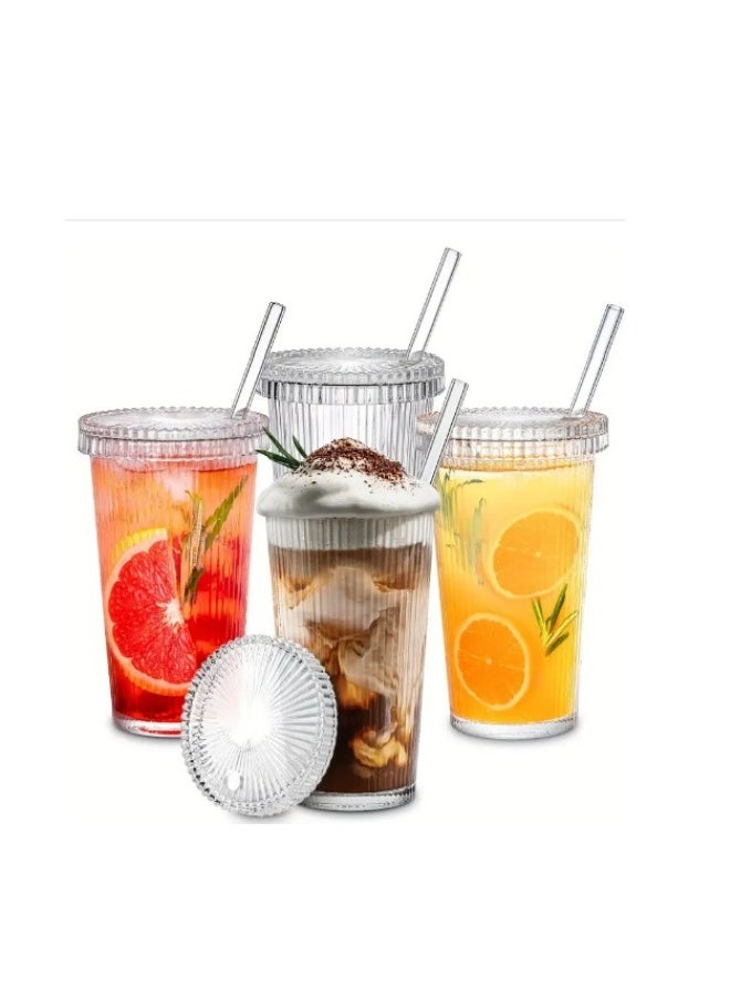 Glass Cups with Lids and Straws, 12 oz Iced Coffee Cup for Coffee Bar Accessories, Ribbed Glasses Drinking Set of 4, Glass Tumbler with Straw and Lid for Home Decor,New year Gifts for Women