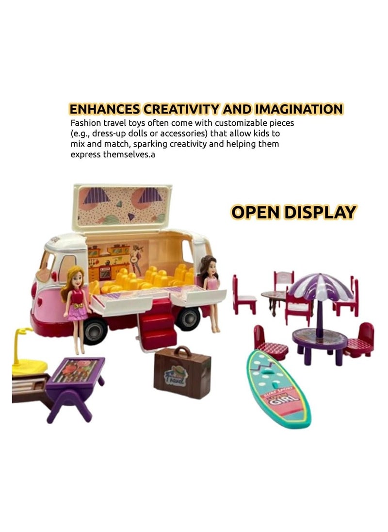 My First Travel Fashion Bus Playset – 25+ Piece Role Play Series for Kids Ages 3+ with Fashion Bus, 2 Dolls, Outfits, Accessories, Surfboard & Travel Diary – Encourages Imagination, Creativity, & Storytelling – Perfect Gift for Young Adventurers & Fashion Lovers to Explore & Play