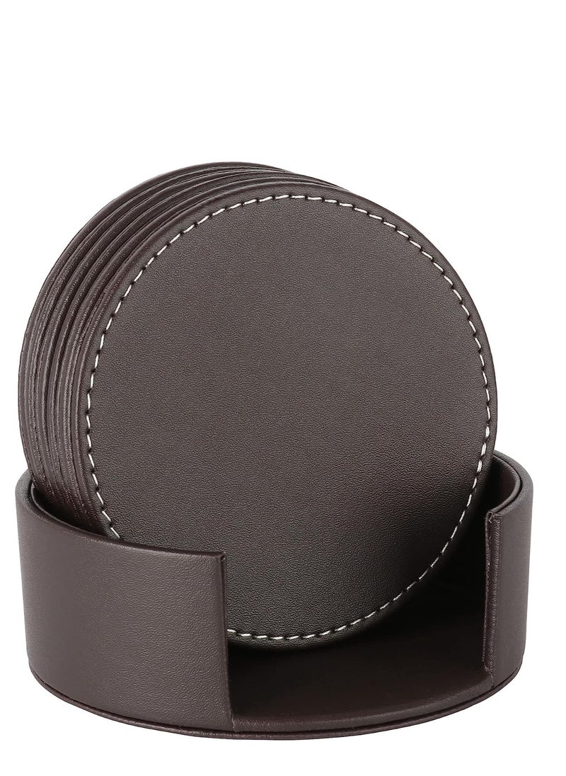 Set Of 6 Round Leather Drink Coasters Set Table Mats With Holder 10CM Black Coasters For Drinks Heat-Resistance Mats Coffee Coaster Protect Furniture For Holding Coffee Cups Sports Bottles