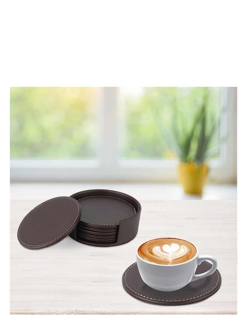 Set Of 6 Round Leather Drink Coasters Set Table Mats With Holder 10CM Black Coasters For Drinks Heat-Resistance Mats Coffee Coaster Protect Furniture For Holding Coffee Cups Sports Bottles