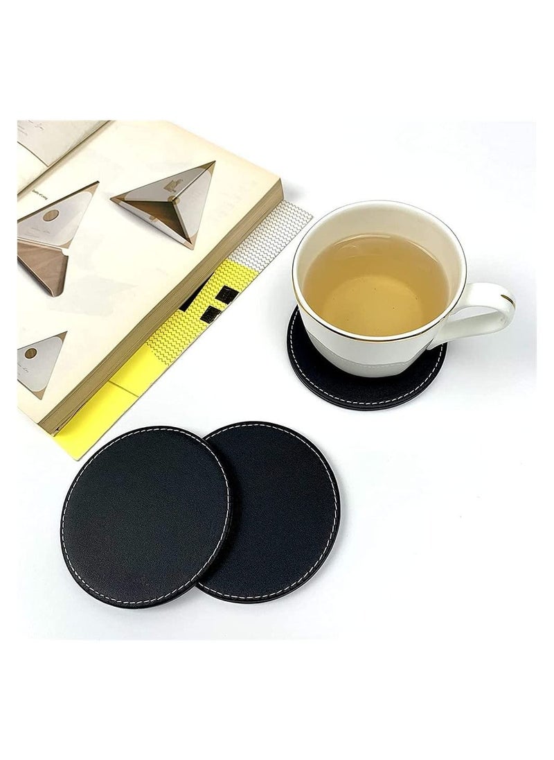 Set Of 6 Round PU Leather Drink Coasters Set Table Mats With Holder 10CM Black Coasters For Drinks Heat-Resistance Mats Coffee Coaster Protect Furniture For Holding Coffee Cups Sports Bottles