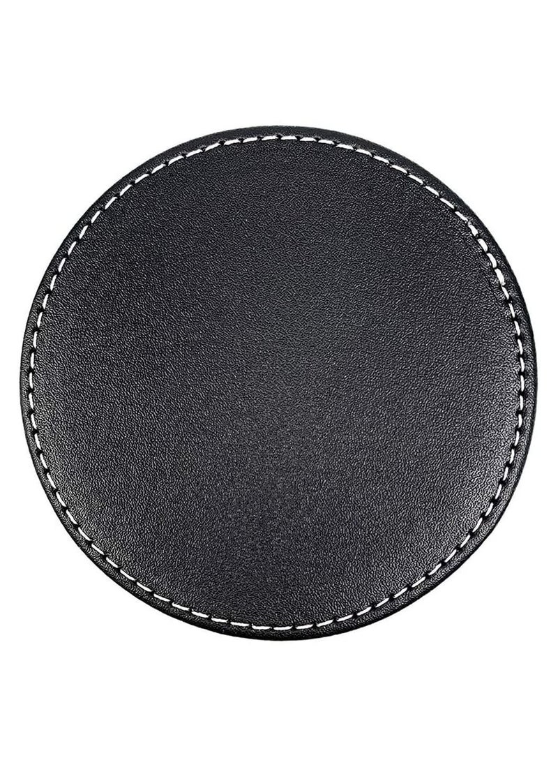 Set Of 6 Round PU Leather Drink Coasters Set Table Mats With Holder 10CM Black Coasters For Drinks Heat-Resistance Mats Coffee Coaster Protect Furniture For Holding Coffee Cups Sports Bottles