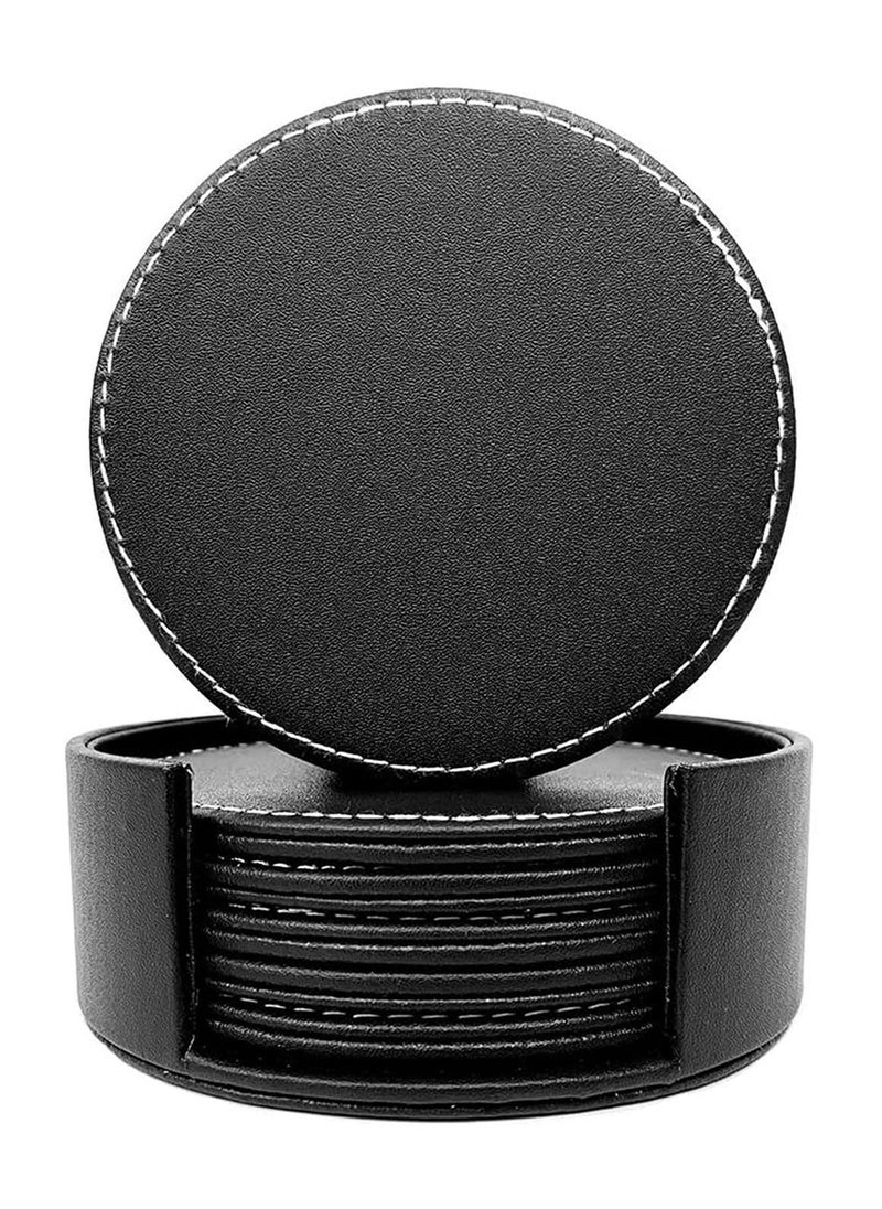 Set Of 6 Round PU Leather Drink Coasters Set Table Mats With Holder 10CM Black Coasters For Drinks Heat-Resistance Mats Coffee Coaster Protect Furniture For Holding Coffee Cups Sports Bottles