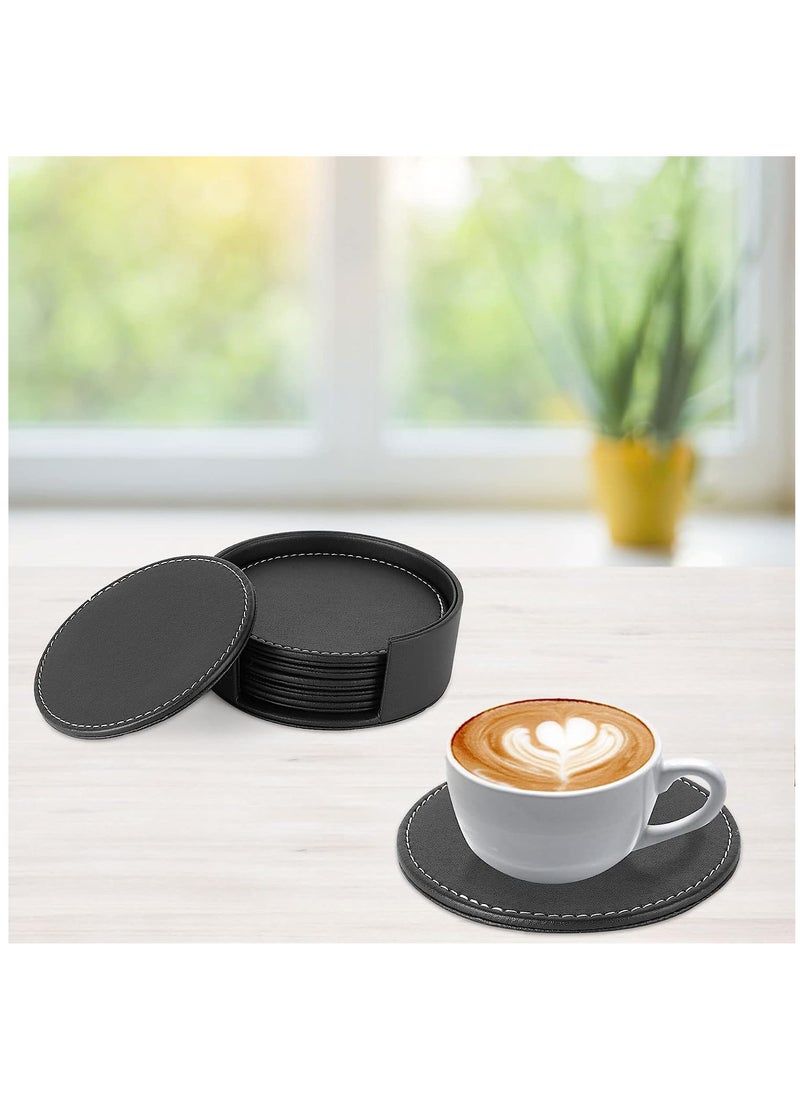 Set Of 6 Round PU Leather Drink Coasters Set Table Mats With Holder 10CM Black Coasters For Drinks Heat-Resistance Mats Coffee Coaster Protect Furniture For Holding Coffee Cups Sports Bottles