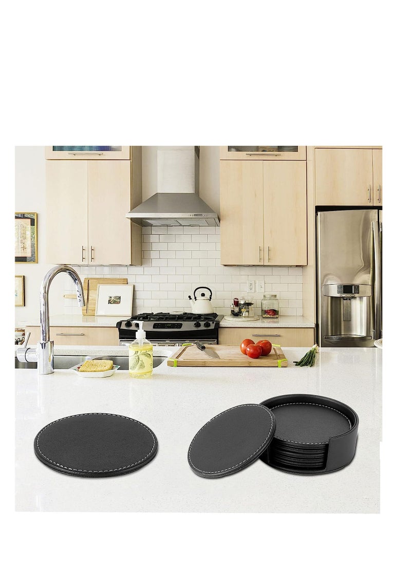 Set Of 6 Round PU Leather Drink Coasters Set Table Mats With Holder 10CM Black Coasters For Drinks Heat-Resistance Mats Coffee Coaster Protect Furniture For Holding Coffee Cups Sports Bottles