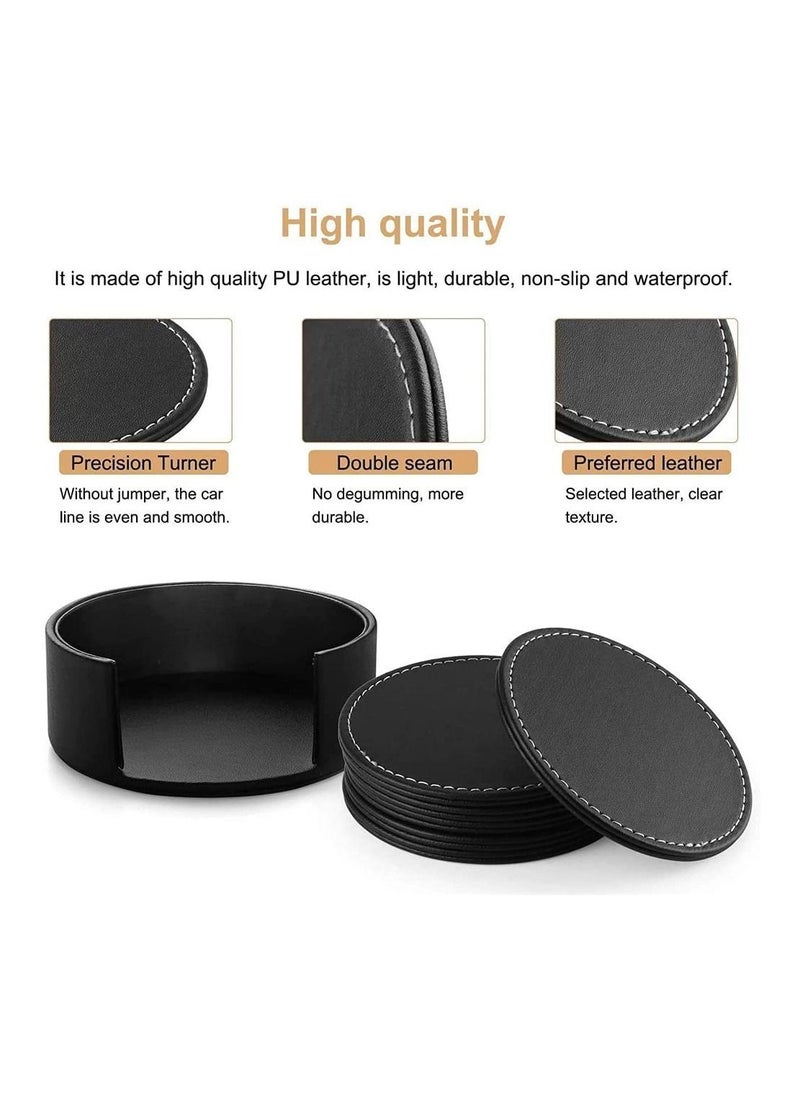 Set Of 6 Round PU Leather Drink Coasters Set Table Mats With Holder 10CM Black Coasters For Drinks Heat-Resistance Mats Coffee Coaster Protect Furniture For Holding Coffee Cups Sports Bottles