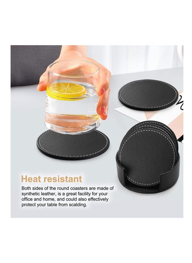 Set Of 6 Round PU Leather Drink Coasters Set Table Mats With Holder 10CM Black Coasters For Drinks Heat-Resistance Mats Coffee Coaster Protect Furniture For Holding Coffee Cups Sports Bottles