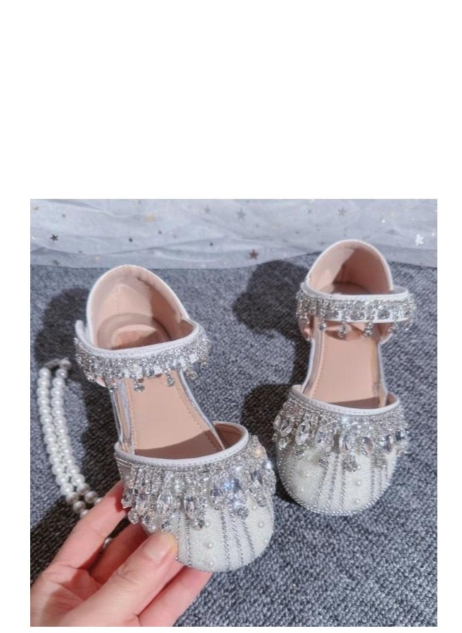 Girl Crystal Princess Flat Heeled Leather Shoes with Host Performance Dress