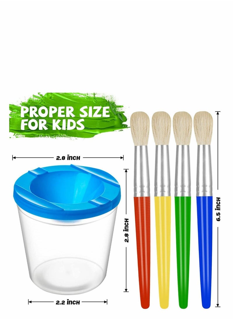 4 Pack Spill-Proof Paint Cups Set, Children's No Spill Paint Cups with Paint Brushes and Lids, Easy to Clean Colorful Kids Painting Tools, Perfect for Watercolor, Washable, Acrylic Paint