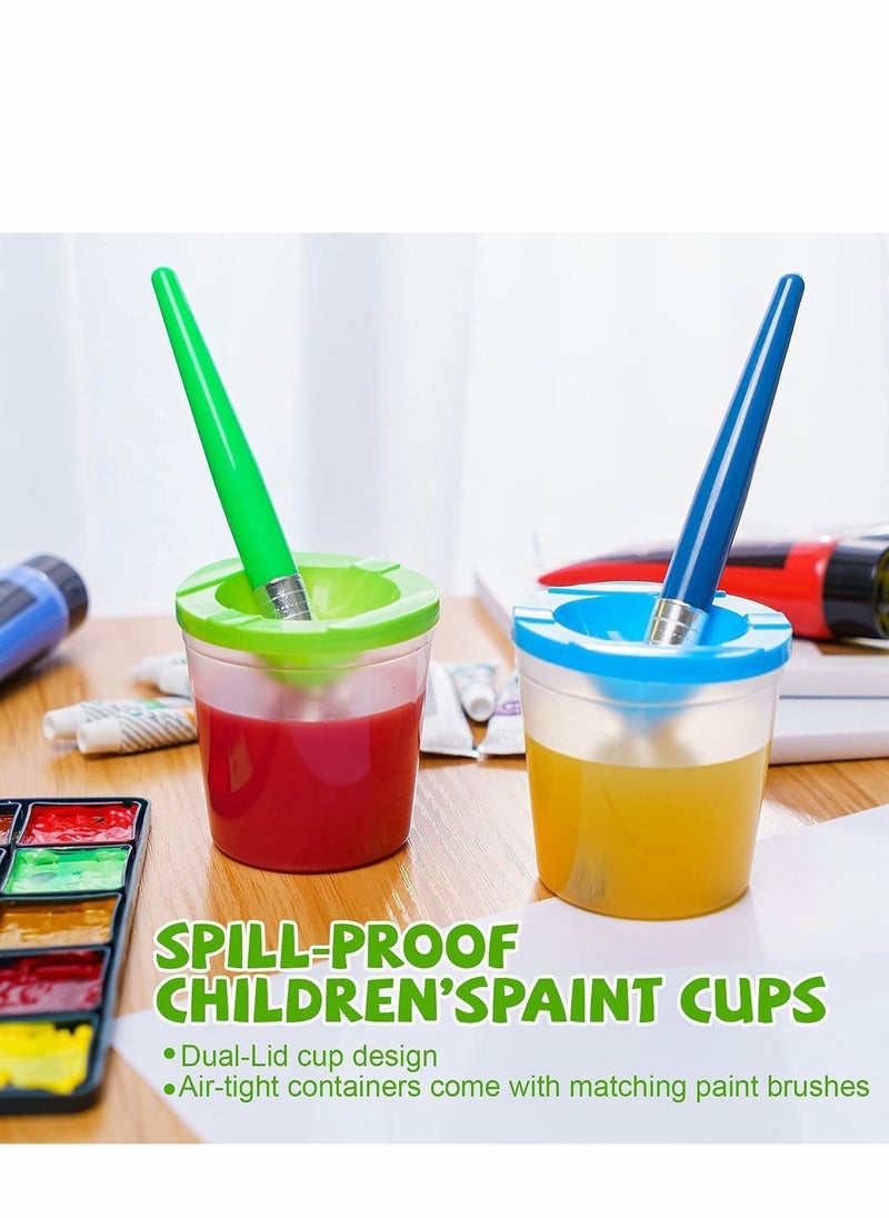 4 Pack Spill-Proof Paint Cups Set, Children's No Spill Paint Cups with Paint Brushes and Lids, Easy to Clean Colorful Kids Painting Tools, Perfect for Watercolor, Washable, Acrylic Paint