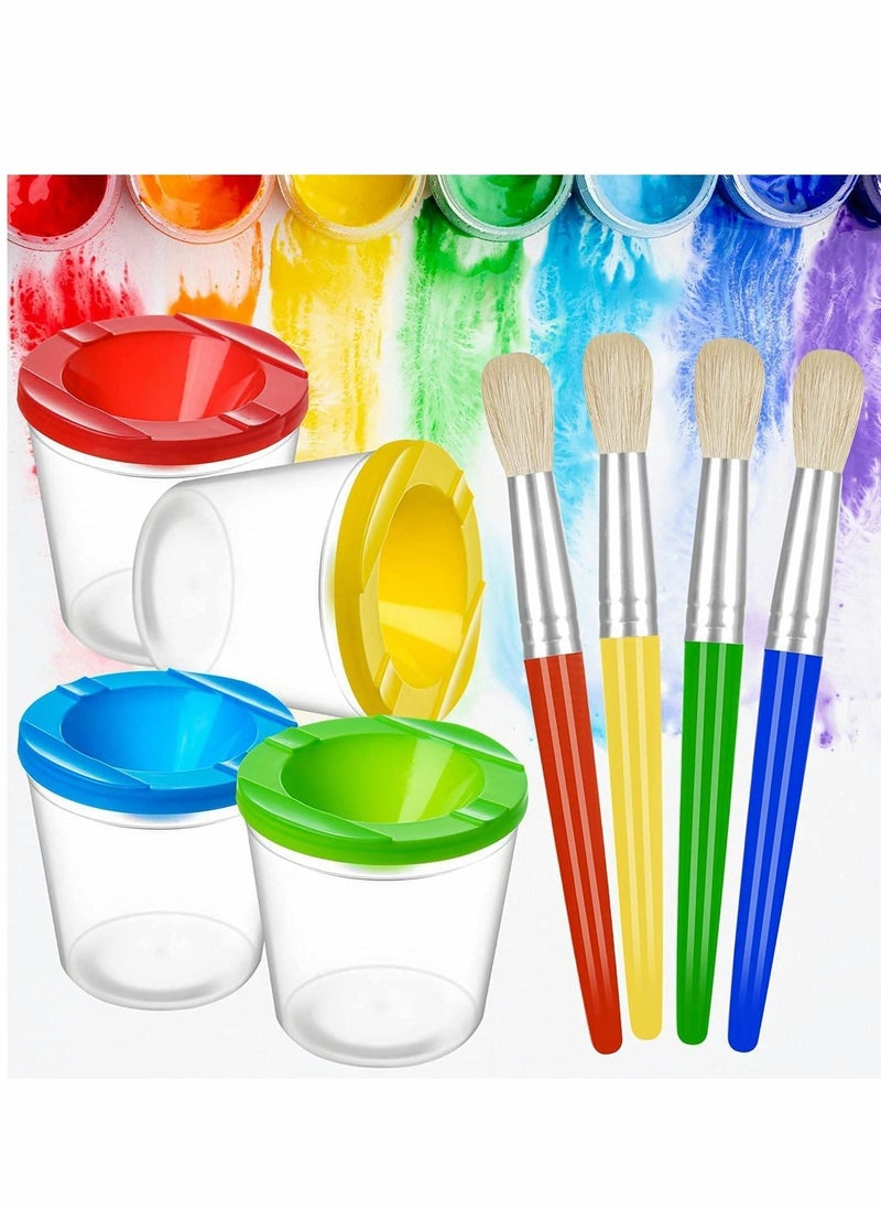 4 Pack Spill-Proof Paint Cups Set, Children's No Spill Paint Cups with Paint Brushes and Lids, Easy to Clean Colorful Kids Painting Tools, Perfect for Watercolor, Washable, Acrylic Paint