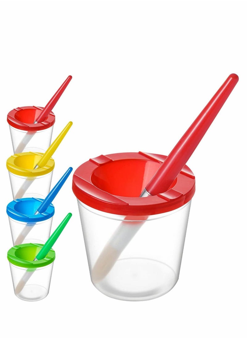 4 Pack Spill-Proof Paint Cups Set, Children's No Spill Paint Cups with Paint Brushes and Lids, Easy to Clean Colorful Kids Painting Tools, Perfect for Watercolor, Washable, Acrylic Paint