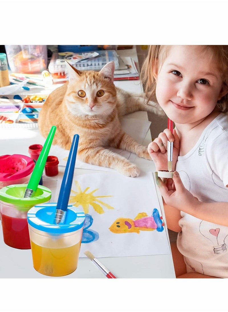 4 Pack Spill-Proof Paint Cups Set, Children's No Spill Paint Cups with Paint Brushes and Lids, Easy to Clean Colorful Kids Painting Tools, Perfect for Watercolor, Washable, Acrylic Paint