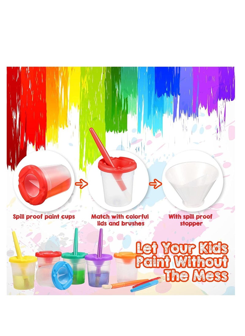 Spill Proof Paint Cups with Brushes for Kids Lids Toddler Painting Tools Watercolor, Tempera, Washable, Acrylic, Crafts 40 Pieces