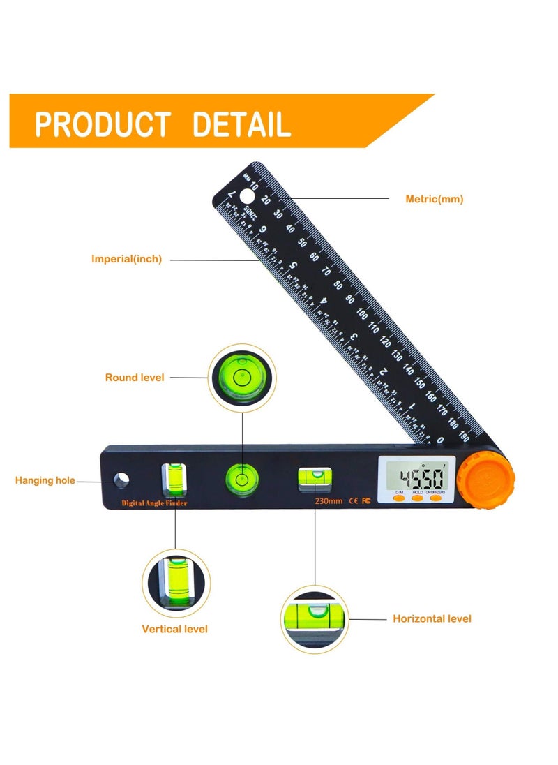 Digital Angle Finder Tool 7inch 0-360 degree LED Digital Protractor with Horizontal Vertical Bubble Levels and Ruler Meter Accurate Tools for Carpenters,Woodworkers,Fabricators