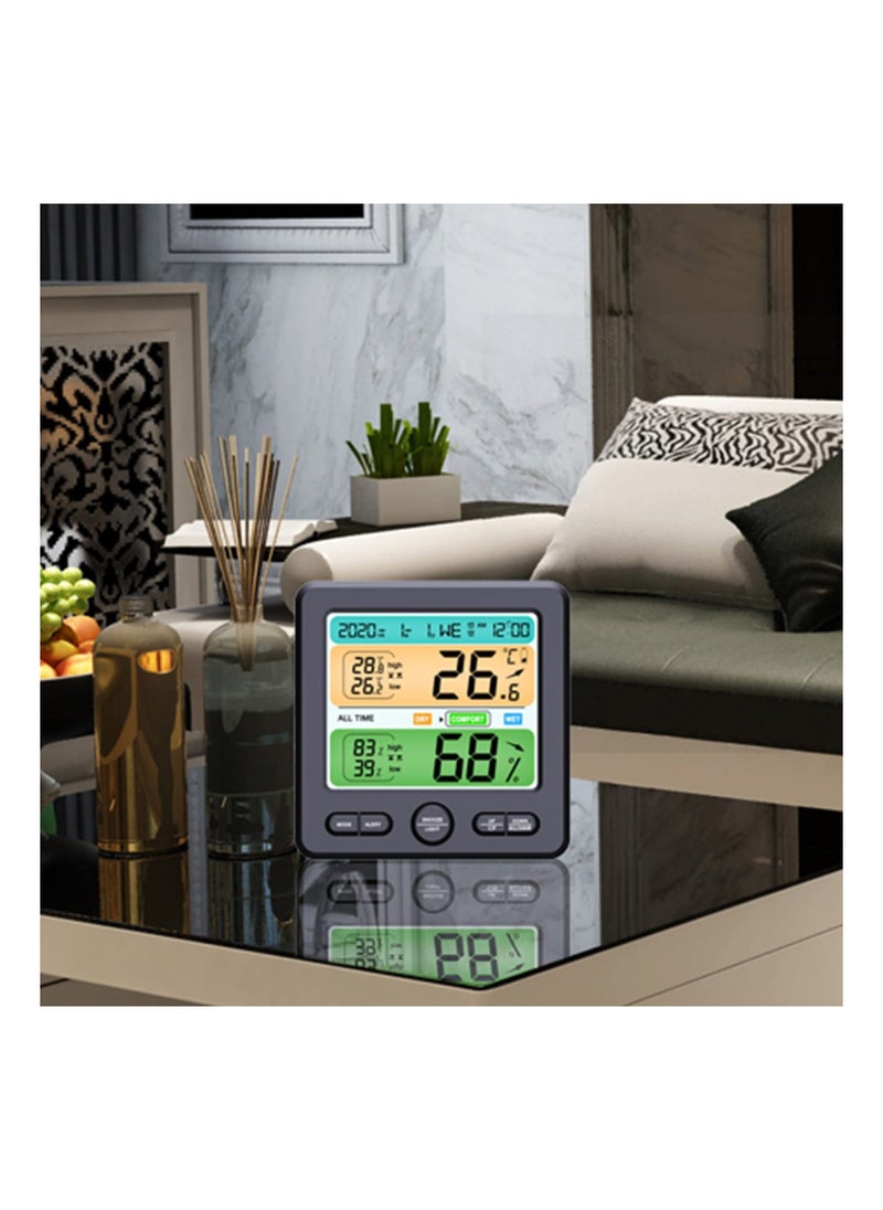 Indoor Thermometer/Hygrometer, Precision Digital Thermometer Clock, Color Alarm to Remind, with Comfort, Max/Minimum Value, Alarm Clock, Calendar Week, for Bedroom, Nursery, etc. Grey