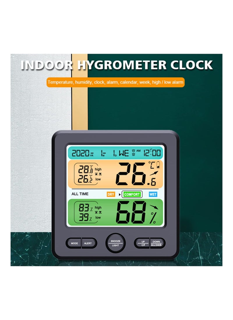 Indoor Thermometer/Hygrometer, Precision Digital Thermometer Clock, Color Alarm to Remind, with Comfort, Max/Minimum Value, Alarm Clock, Calendar Week, for Bedroom, Nursery, etc. Grey