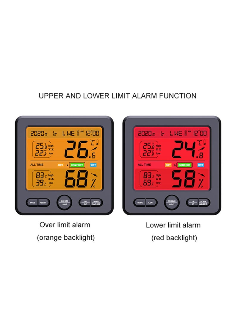 Indoor Thermometer/Hygrometer, Precision Digital Thermometer Clock, Color Alarm to Remind, with Comfort, Max/Minimum Value, Alarm Clock, Calendar Week, for Bedroom, Nursery, etc. Grey