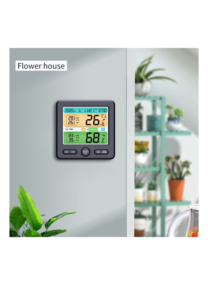 Indoor Thermometer/Hygrometer, Precision Digital Thermometer Clock, Color Alarm to Remind, with Comfort, Max/Minimum Value, Alarm Clock, Calendar Week, for Bedroom, Nursery, etc. Grey