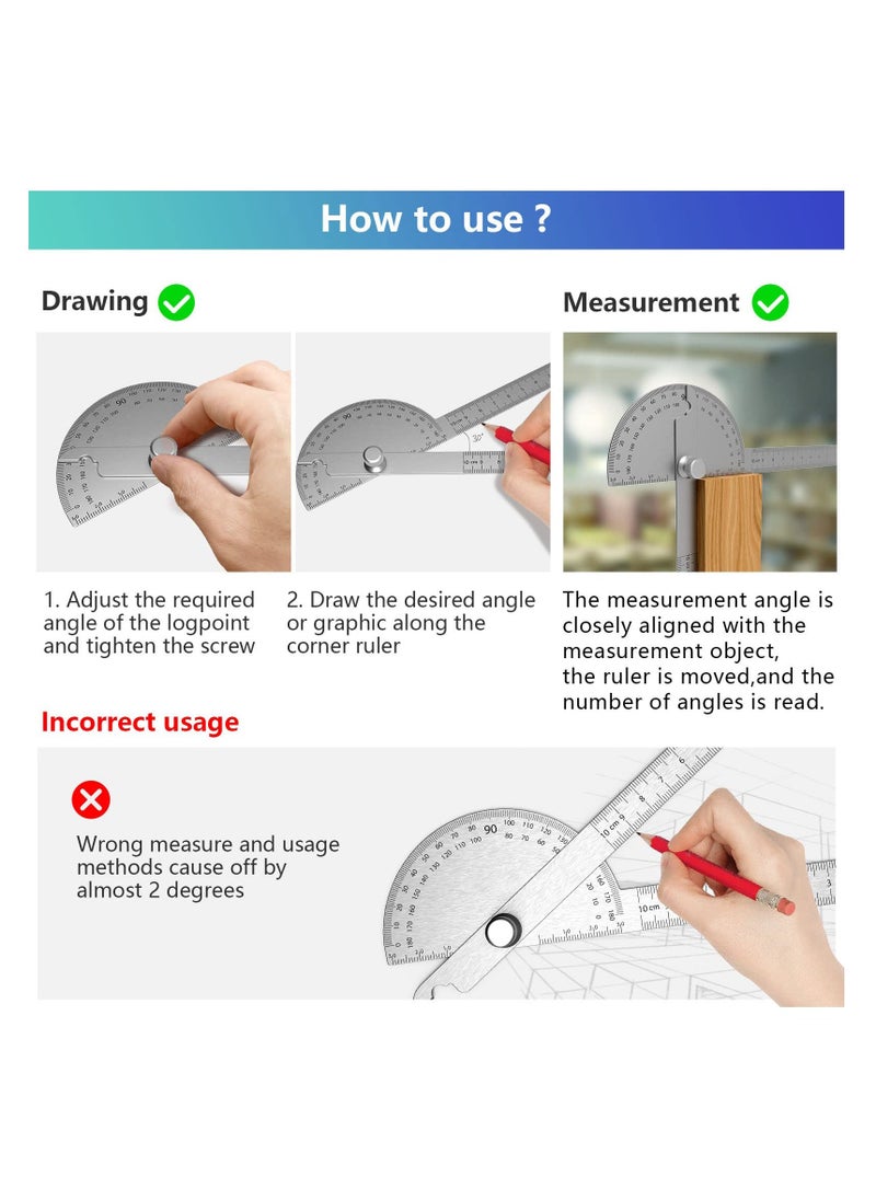 Stainless Steel Protractor, 180 Degrees Two Arm Ruler Adjustable Angle Protractor Woodworking Ruler Craftsman Angle Measure Tool