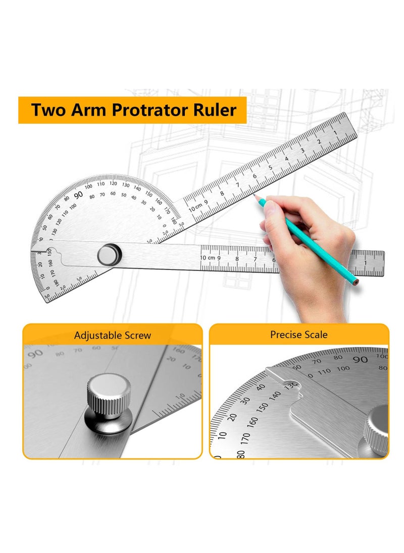 Stainless Steel Protractor, 180 Degrees Two Arm Ruler Adjustable Angle Protractor Woodworking Ruler Craftsman Angle Measure Tool