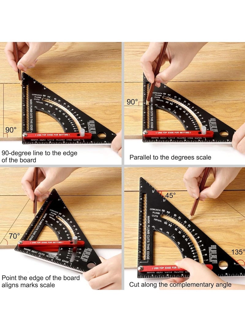 7 Inch Carpenter Square Set - Adjustable Aluminium Combination Square, Woodworking Framing Tool - Metal Carpentry Triangle Ruler for Accurate Layout