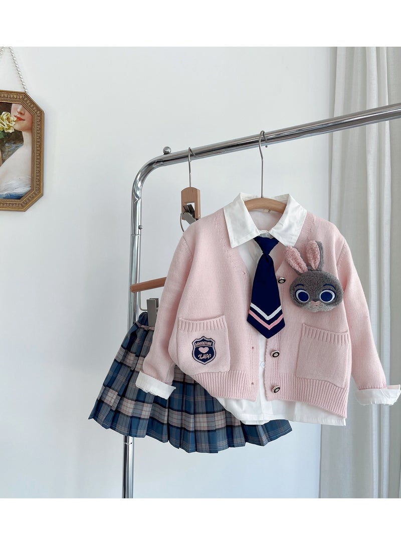 College Style Set Of Girls' Knitted Cardigan White Shirt Plaid Pleated Skirt Three Piece Set